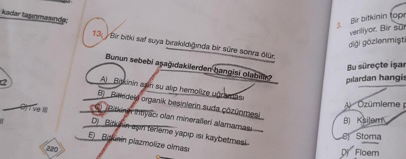 kadar taşınmasında;
2
ll
eve III
220
13 Bir bitki saf suya bırakıldığında bir süre sonra ölür.
Bunun sebebi aşağıdakilerden hangisi olabilir?
A) Bitkinin aşırı su alıp hemolize uğraması
B) Bitkidek organik besinlerin suda çözünmesi
Bitkinin ihtiyacı olan m