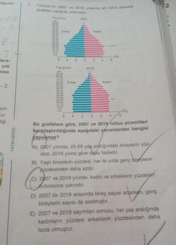 Beğerleri
2-
3
dere-
çok
masi
-Z
erin
rur.
diği
YAYIN DENİZİ
3.
Türkiye'nin 2007 ve 2019 yıllarına ait nüfus piramidi
grafikleri aşağıda verilmiştir.
Yaş grubu
90+
85-89
80-84
75-79
70-74
65-69
60-64
55-59
50-54
40-44
35-39
30-34
0-4
Erkek
Yaş grubu
90+
85-89
80-84
75-79
70-74
65-69
60-64
55-59
50-54
45-49
40-44
35-39
30-34
25-29
20-24
15-19
10-14
5-9
0-4
2007
4 202
Erkek
Kadın
2019
4
6
Kadın
(%)
2 0 2 4 6
Bu grafiklere göre, 2007 ve 2019 nüfus piramitleri
karşılaştırıldığında aşağıdaki yorumlardan hangisi
vapılamaz?
A) 2007 yılında, 25-29 yaş aralığındaki bireylerin yüz
desi, 2019 yılına göre daha fazladır.
B) Yaşlı bireylerin yüzdesi, her iki yılda genç bireylerin
yüzdesinden daha azdır.
C) 2007 ve 2019 yılında, kadın ve erkeklerin yüzdeleri
birbirlerine yakındır.
D) 2007 ile 2019 arasında birey sayısı
bireylerin sayısı da azalmıştır.
antarkan
arken, genç
E) 2007 ve 2019 sayımları sonucu, her yaş aralığında
kadınların yüzdesi erkeklerin yüzdesinden daha
fazla olmuştur.
2
e
e