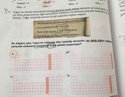 Ayşegül: +4
Nilsu: -2
A)
Ayşegül: +1
Nilsu:+1
Ō
Nilsu: +4
19.
9. Tuğçe, fen bilimleri dersinde gördüğü bir elementi merak ederek elementin ait olduğu grubu bu
yor ve bu grupta bulunan diğer elementlerin özelliklerini de belirleyip periyodik sistemde bu gu
boyuyor. Tuğçe, araştırdığı element ile ilgili aşağıdaki bilgilere ulaşıyor.
Yeryüzünde en çok bulunan elementlerden biridir.
Oda sıcaklığında katı haldedir.
Bulunduğu grupta 3 tane metal vardır.
Topraklarda silis (SiO,) halinde bulunur.
Bu bilgilere göre Tuğçe'nin hakkında bilgi topladığı elementin yer aldığı bölüm aşağıdak
periyodik sistemlerin hangisinde doğru şekilde boyanmıştır?
Nilsu: +1
BY
D)
LOTEL
Ahme
atom
Han
AT
11. F