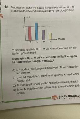 18. Maddelerin asitlik ve bazlık derecelerini ölçen, 0 - 14
arasında derecelendirilmiş çizelgeye "pH ölçeği" denir.
173
7
pH
K L M N
Madde
Yukarıdaki grafikte K, L, M ve N maddelerinin pH de-
ğerleri gösterilmiştir.
Buna göre K, L, M ve N maddeleri ile ilgili aşağıda-
ki ifadelerden hangisi yanlıştır?
A) L maddesi, ele kayganlık hissi verir; M ve N madde-
leri vermez.
B) L ve M maddeleri, tepkimeye girerek K maddesini
oluşturabilir.
C) M maddesi kuvvetli asittir; N maddesi ise zayıf asittir.
D) M ve N maddelerinin tatları ekşi, L maddesinin tadı
acıdır.
SINAN KUZUCU
YAYINLARI