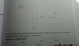 carpani
-2y-2
3
3(x-9)
9(x+2)
Sol
C) 10
Yukarı
Yukarıdaki kutuların herhangi birinden yukarı doğru gidildikçe bir alttaki kutudaki sayının 3 fazlası, sola doğru
1
gidildikçe bir önceki kutudaki sayının 3
'i kutulara yazılıyor.
Buna göre, x + y toplamı kaçtır?
A) 6
B) 8
D) 12