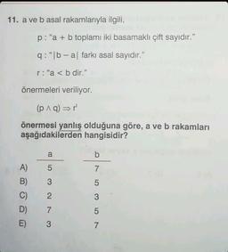 11. a ve b asal rakamlarıyla ilgili,
p: "a + b toplamı iki basamaklı çift sayıdır."
q: "|ba| farkı asal sayıdır."
r: "a < b dir."
önermeleri veriliyor.
(p^q) ⇒r¹
önermesi yanlış olduğuna göre, a ve b rakamları
aşağıdakilerden hangisidir?
A)
B)
C)
D)
E)
a
5
3
2
7
3
b
7
5
3
5
7