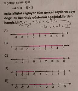 x gerçel sayısı için
-4 <|x-1|< 2
eşitsizliğini sağlayan tüm gerçel sayıların sayı
doğrusu üzerinde gösterimi aşağıdakilerden
hangisidir? -3<x<3
-4<x-1-2-
A)
B)
C)
D)
E)
-3 -2 -1 0 1 2 3
4 5
0
-O
1
-3 -2 -1 0 1 2 3 4 5
-O
o
-3 -2 -1 0 1 2 3 4 5
O
O
+
+ +
-3 -2 -1 0 1 2 3 4 5
O
-3 -2 -1 012
O
3 4
5