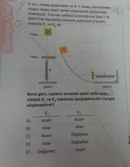 Simülasyon Testi
K ve L özdeş yaylarından ve X, Y özdeş cisimlerinden
oluşan düşey kesiti verilen sistemlerde sürtünmeler
önemsizdir. Cisimler serbest bırakıldığında Şekil I ve
Şekil Il'de depolanan esneklik potansiyel enerjileri
sırasıyla E, ve E₂ dir.
X
Yatay
Yatay
K
Şekil 1
Şekil II
Buna göre, yayların esneklik sabiti daha fazla
olsaydı E, ve E, hakkında aşağıdakilerden hangisi
söylenebilirdi?
A)
B)
C)
D)
E)
E₁
Azalır
Artar
Azalır
Artar
Değişmez
E₂
Azalır
Artar
Değişmez
Değişmez
Azalır
3.