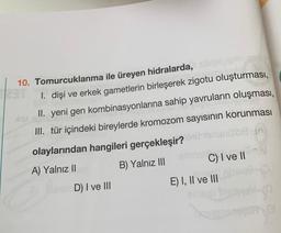 10. Tomurcuklanma ile üreyen hidralarda,
1. dişi ve erkek gametlerin birleşerek zigotu oluşturması,
II. yeni gen kombinasyonlarına sahip yavruların oluşması,
III. tür içindeki bireylerde kromozom sayısının korunması
olaylarından hangileri gerçekleşir? Ü-lexand68: in
A) Yalnız II
B) Yalnız III
D) I ve III
QU
C) I ve II
E) I, II ve III