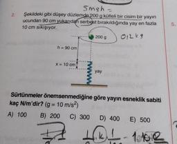 2.
5msh=
Şekildeki gibi düşey düzlemde 200 g kütleli bir cisim bir yayın
ucundan 90 cm yukarıdan serbest bırakıldığında yay en fazla
10 cm sıkışıyor.
012kg
h = 90 cm
x = 10 cm
200 g
yay
Sürtünmeler önemsenmediğine göre yayın esneklik sabiti
kaç N/m'dir? (g = 10 m/s²)
A) 100 B) 200 C) 300 D) 400 E) 500
5
L₁KL - 10.10.2
5.