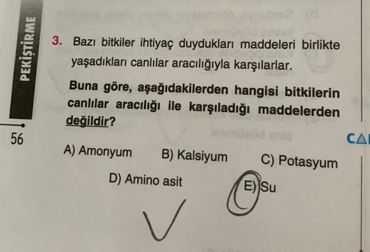 PEKİŞTİRME
56
oyubw2 (8
Ud gevey
3. Bazı bitkiler ihtiyaç duydukları maddeleri birlikte
yaşadıkları canlılar aracılığıyla karşılarlar.
Buna göre, aşağıdakilerden hangisi bitkilerin
canlılar aracılığı ile karşıladığı maddelerden
değildir?
A) Amonyum B) Kals