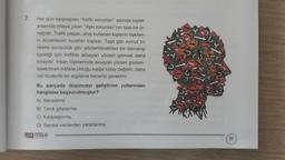 7.
Her gün karşılaşılan "trafik sorunları" aslında kişiler
arasında ortaya çıkan "ilişki sorunları"nın tipik bir ör-
neğidir. Trafik yasası, araç kullanan kişilerin ilişkileri-
ni düzenleyen kurallan kapsar. Taşıt gibi somut bir
nesne sürücülük gibi gözlemlenebilen bir davranışı
içerdiği için trafikte aksayan yönleri görmek daha
kolaydır. Insan ilişkilerinde aksayan yönleri gözlem-
leyebilmek trafikte olduğu kadar kolay değildir, daha
üst düzeyde bir algılama becerisi gerektirir.
Bu parçada düşünceyi geliştirme yollarından
hangisine başvurulmuştur?
A) Benzetme
B) Tanık gösterme
C) Karşılaştırma
D) Sayısal verilerden yararlanma
QONITELIK
THERLAR