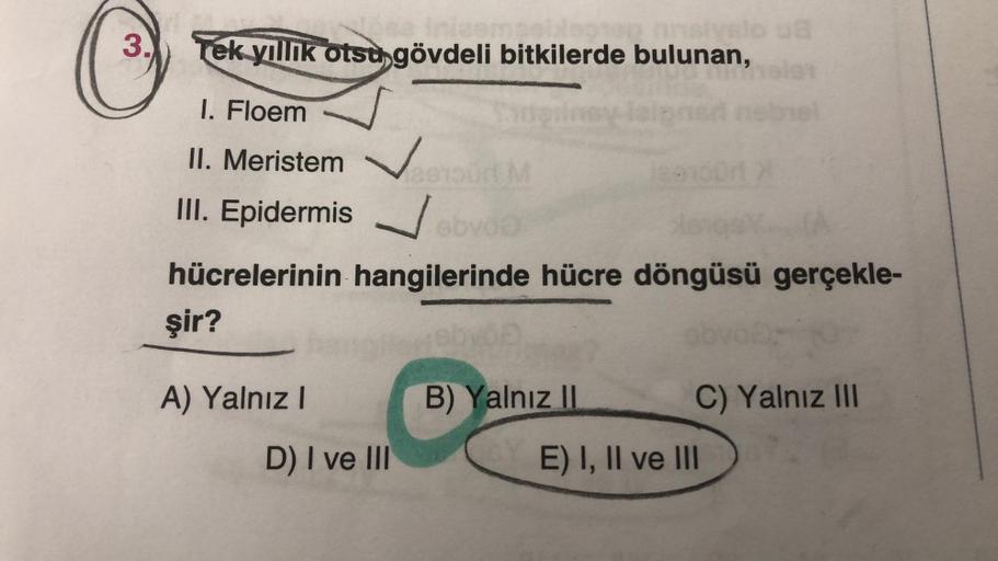 3.
Intaempeblegten siv
Tek yillik otsu gövdeli bitkilerde bulunan,
I. Floem
II. Meristem
III. Epidermis
ae1bürt M
obvo
hücrelerinin hangilerinde hücre döngüsü gerçekle-
şir?
A) Yalnız I
D) I ve III
B) Yalnız II
C) Yalnız III
E) I, II ve III