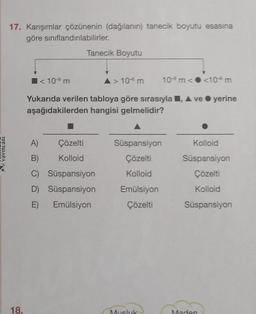 YAYINLARI
17. Karışımlar çözünenin (dağılanın) tanecik boyutu esasına
göre sınıflandırılabilirler.
18.
A)
B)
Tanecik Boyutu
< 10-⁹ m
A > 10 m
Yukarıda verilen tabloya göre sırasıyla, A ve yerine
aşağıdakilerden hangisi gelmelidir?
Çözelti
Kolloid
C) Süspansiyon
D) Süspansiyon
E) Emülsiyon
Süspansiyon
Çözelti
Kolloid
Emülsiyon
Çözelti
10 m < <10 m
Musluk
Kolloid
Süspansiyon
Çözelti
Kolloid
Süspansiyon