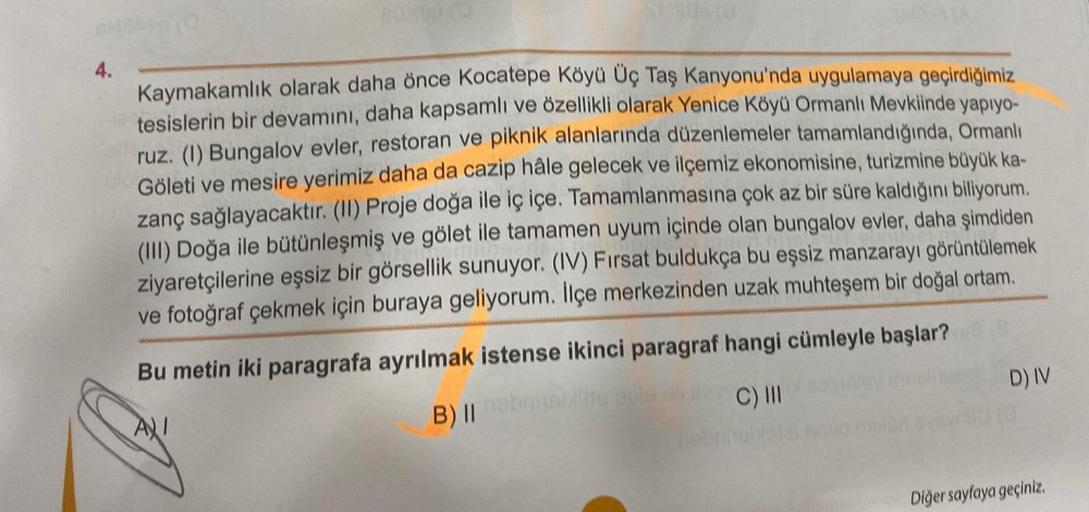 4.
Kaymakamlık olarak daha önce Kocatepe Köyü Üç Taş Kanyonu'nda uygulamaya geçirdiğimiz
tesislerin bir devamını, daha kapsamlı ve özellikli olarak Yenice Köyü Ormanlı Mevkiinde yapıyo-
ruz. (I) Bungalov evler, restoran ve piknik alanlarında düzenlemeler t