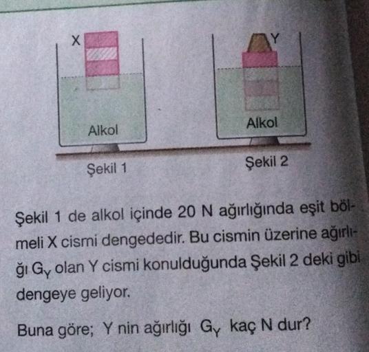 X
Alkol
Şekil 1
AY
Alkol
Şekil 2
Şekil 1 de alkol içinde 20 N ağırlığında eşit böl-
meli X cismi dengededir. Bu cismin üzerine ağırlı-
ğı Gy olan Y cismi konulduğunda Şekil 2 deki gibi
dengeye geliyor.
Buna göre; Y nin ağırlığı Gy kaç N dur?