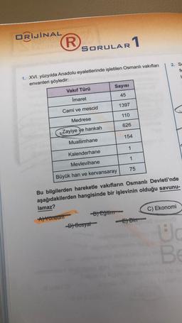 ORİJİNAL
1. XVI. yüzyılda Anadolu eyaletlerinde işletilen Osmanlı vakıfları
envanteri şöyledir:
R
lamaz?
SORULAR 1
İmaret
Cami ve mescid
Medrese
Zayiye ve hankah
Muallimhane
A) Yönetim
Vakıf Türü
Kalenderhane
Mevlevihane
Büyük han ve kervansaray
sante
Sayısı
45
-B) Eğitim
-D) Sosyal
1397
110
626
Bu bilgilerden hareketle vakıfların Osmanlı Devleti'nde
aşağıdakilerden hangisinde bir işlevinin olduğu savunu-
154
1
1
75
E) Din
2. Se
fe
1
C) Ekonomi
(G
Wc
Be
inay