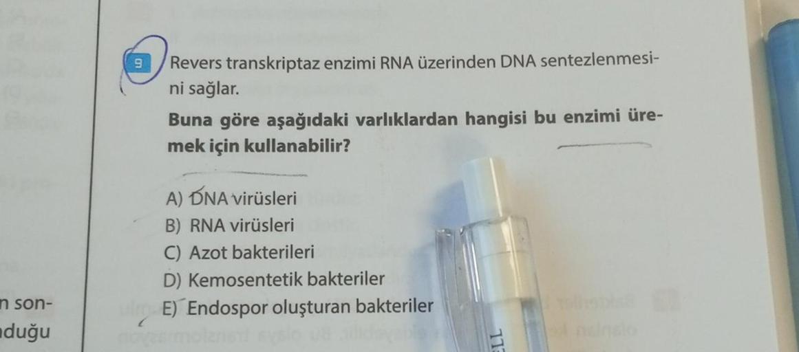 n son-
duğu
9
Revers transkriptaz enzimi RNA üzerinden DNA sentezlenmesi-
ni sağlar.
Buna göre aşağıdaki varlıklardan hangisi bu enzimi üre-
mek için kullanabilir?
A) DNA virüsleri
B) RNA virüsleri
C) Azot bakterileri
D) Kemosentetik bakteriler
ul-E) Endos