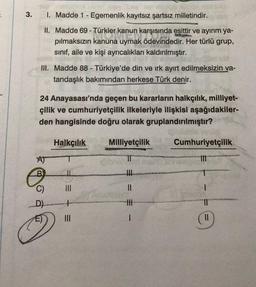 3.
I. Madde 1 - Egemenlik kayıtsız şartsız milletindir.
II. Madde 69 - Türkler kanun karşısında eşittir ve ayırım ya-
pılmaksızın kanuna uymak ödevindedir. Her türlü grup,
sınıf, aile ve kişi ayrıcalıkları kaldırılmıştır.
III. Madde 88 - Türkiye'de din ve ırk ayırt edilmeksizin va-
tandaşlık bakımından herkese Türk denir.
24 Anayasası'nda geçen bu kararların halkçılık, milliyet-
çilik ve cumhuriyetçilik ilkeleriyle ilişkisi aşağıdakiler-
den hangisinde doğru olarak gruplandırılmıştır?
Halkçılık
Milliyetçilik
AJ
B
C)
D.)
|||
fo
|||
||
|||
1
Cumhuriyetçilik
||