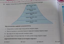 3. Aşağıda, Türkiye'deki en yüksek beş dağla ilgili bir bilgi piramidi verilmiştir.
Ağn Dağı 5137 metre
Cilo Dağı 4134 metre
Hakkari
A) Yalnız I
Süphan Dağı 4058 metre
Bitlis
Kaçkar Dağı 3932 metre
Rize
Erciyes Dağı 3916 metre
Kayseri
Bilgi piramidinden aşağıdaki numaralandırılmış,
1. Türkiye'deki en yüksek dağın hangi şehirde olduğuna ulaşılır.
II. Ülkemiz topraklarının yarısından fazlasının dağlardan oluştuğu bilgisine ulaşılır.
III. Ağrı Dağı ile Cilo Dağı arasındaki mesafeye ulaşılır.
IV. Kaçkar Dağı'nın Erciyes Dağı'ndan 16 metre yüksek olduğu bilgisine ulaşılır,
değerlendirmelerinden hangisi ya da hangileri doğrudur?
B) I ve II
C) Yalnız III
1. Bir G
D) I ve IV
N