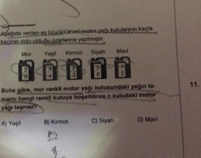 Aşağıda verilen es büyüklükteki motoryağı kutularının kaçta
kaçının dolu olduğu üzerlerine yazılmıştır.
Siyah
Mor
Kırmızı
10000
Yeşil
A) Yogil
B) Kırmızı
B
8
Buna göre, mor renkil motor yağı kutusundaki yağın ta-
mamı hangi renkli kutuya boşaltılırsa o kut