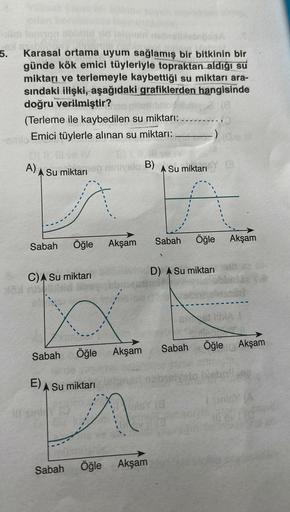 5.
HI
Karasal ortama uyum sağlamış bir bitkinin bir
günde kök emici tüyleriyle topraktan aldığı su
miktarı ve terlemeyle kaybettiği su miktarı ara-
sındaki ilişki, aşağıdaki grafiklerden hangisinde
doğru verilmiştir?
(Terleme ile kaybedilen su miktarı:
Emi