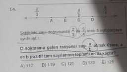 14.
2
3
k
A B C D
Şekildeki sayı doğrusunda
ayrılmıştır.
2
3
5
5
arası 5 eşit parçaya
a olmak üzere, a
C noktasına gelen rasyonel sayı b
ve b pozitif tam sayılarının toplamı en az kaçtır?
D) 123 E) 125
A) 117 B) 119 C) 121