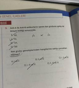 N GENEL İLKELERİ
OLOJİ
3.
Anti-A ile Anti-B antikorlarını içeren kan grubuna sahip iki
bireyin evliliği sonucunda;
AB,
A
L00,
U. AA,
IV BB
kan grubu genotiplerinden hangilerine sahip çocukları
olamaz?
A) Lve ll
B) II ve III
D) I, III ye IV
E) II, II ve IV
C) I, II ve III
čudaki