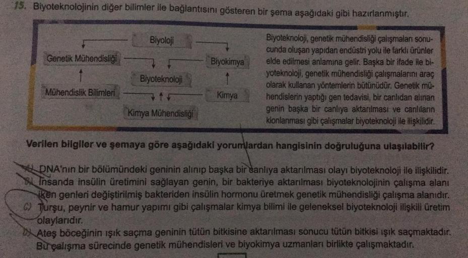 15. Biyoteknolojinin diğer bilimler ile bağlantısını gösteren bir şema aşağıdaki gibi hazırlanmıştır.
Biyoteknoloji, genetik mühendisliği çalışmaları sonu-
cunda oluşan yapıdan endüstri yolu ile farklı ürünler
elde edilmesi anlamına gelir. Başka bir ifade 