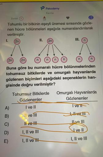 um
Zorluk (5
Tohumlu bir bitkinin eşeyli üremesi sırasında gözle-
nen hücre bölünmeleri aşağıda numaralandırılarak
verilmiştir.
2n
I.
2n
2n
A)
B)
C)
D)
E)
Pakodemy
Karma
II.
2n
M
n
Gözlenenler
I ve II
Il ve Ill
I ve !!!
I, II ve III
I, II ve
III.
Buna göre