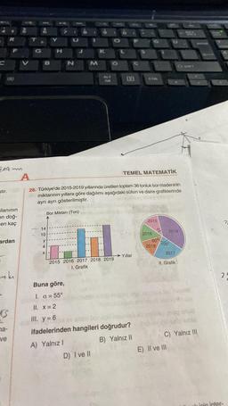 ştir.
ilanının
en doğ-
en kaç
R
ardan
amber
S
na-
ve
B
14
10
y
H
4
X
N
M
Bor Miktarı (Ton)
A
TEMEL MATEMATİK
28. Türkiye'de 2015-2019 yıllarında üretilen toplam 36 tonluk bor madeninin
miktarının yıllara göre dağılımı aşağıdaki sütun ve daire grafiklerinde
ayrı ayrı gösterilmiştir.
K
ALT
2015 2016 2017 2018 2019
I. Grafik
D) I ve II
D
→→Yıllar
Buna göre,
1. α = 55°
II. X = 2
III. y = 6
she DonDou
ifadelerinden hangileri doğrudur?
A) Yalnız I
B) Yalnız II
CHAL
2015
2016
60%
2018
Salben,
2019
100°
2017
II. Grafik
og snud
Amilo
C) Yalnız III
E) II ve III
2
25
için inter-