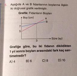 5. Aşağıda A ve B fidanlarının boylarına ilişkin
iki doğrusal grafik verilmiştir.
Grafik: Fidanların Boyları
Boy (cm)
7
5
A
B) 6
B
Süre (ay)
3
Grafiğe göre, bu iki fidanın dikildikten
1 yıl sonra boyları arasındaki fark kaç san-
timetredir?
A) 4
C) 8
D) 10