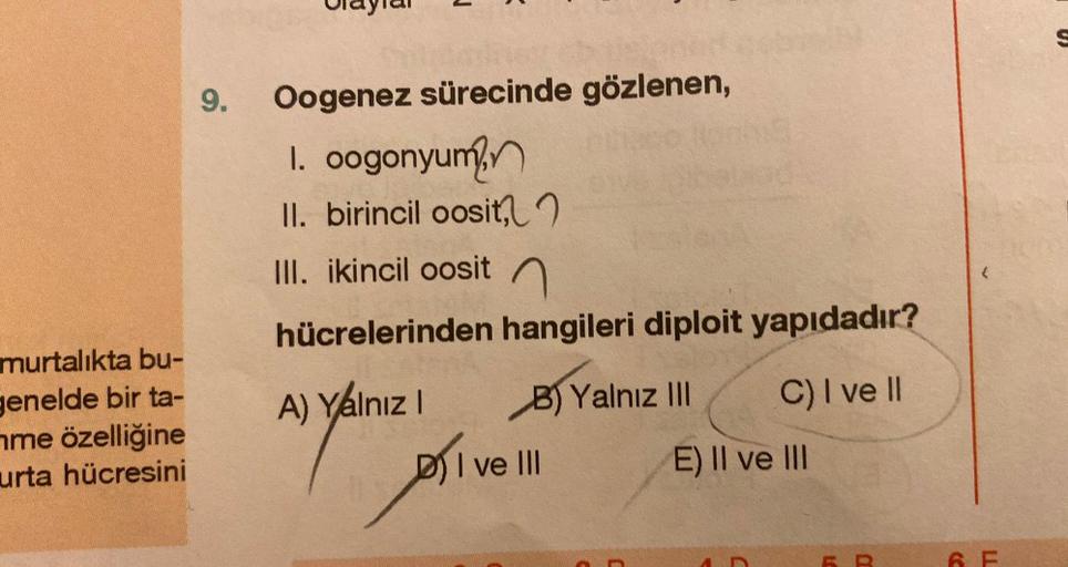 murtalıkta bu-
genelde bir ta-
me özelliğine
urta hücresini
9.
J
Oogenez sürecinde gözlenen,
1. oogonyum
II. birincil oosit,
III. ikincil oosit
hücrelerinden hangileri diploit yapıdadır?
B) Yalnız III
A) Yalnız I
D
DI ve III
C) I ve II
E) II ve III
L
m
6 F