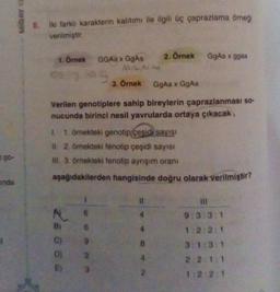 7.90-
anda
MIRAY YA
8.
İki farklı karakterin kalıtımı ile ilgili üç çaprazlama örneği
verilmiştir.
1. Örnek GGAa x GgAa
AGA
06/3 200
20080
3. Örnek
BI
GgAa x GgAa
Verilen genotiplere sahip bireylerin çaprazlanması so-
nucunda birinci nesil yavrularda ortaya çıkacak,
1. örnekteki genotip ceşidi sayısı
H. 2. ömekteki fenotip çeşidi sayısı
III. 3. örnekteki fenotip ayrışım oranı
aşağıdakilerden
6
6
9
2
3
PA
2. Örnek
11
4
B
GgAa x ggaa
hangisinde doğru olarak verilmiştir?
|||
9:3:3:1
1:2:2:1
3:1:3:1
2:2:1:1
1:2 2:1