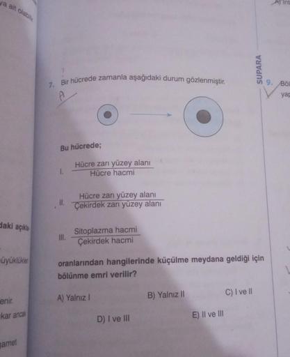 ya ait olabilir
daki açıkla
üyüklükler
enir.
kar ancak
amet
7. Bir hücrede zamanla aşağıdaki durum gözlenmiştir.
A
Bu hücrede;
1.
II.
III.
Hücre zarı yüzey alanı
Hücre hacmi
Hücre zarı yüzey alanı
Çekirdek zarı yüzey alanı
Sitoplazma hacmi
Çekirdek hacmi
o