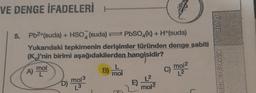 VE DENGE İFADELERİ
5. Pb2+(suda) + HSO (suda) PbSO4(k) + H+(suda)
Yukarıdaki tepkimenin derişimler türünden denge sabiti
(K)'nin birimi aşağıdakilerden hangisidir?
A) mol
(D) moj
L
B) mol
E
L2
mol²
C) mol²
L2
UNITE-6 KIMYASAL TEB