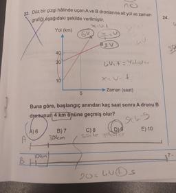 no
22. Düz bir çizgi hâlinde uçan A ve B dronlarına ait yol ve zaman
grafiği aşağıdaki şekilde verilmiştir.
C
A) 6
10km
Yol (km)
BH
40
30
10
5
B) 7
30km
X=U₁4
BOV
Buna göre, başlangıç anından kaç saat sonra A dronu B
drenunun 4 km önüne geçmiş olur?
Stu-9
E) 10
Vit= Yokolor
x=V- t
Zaman (saat)
uu
D)
C) 8
issote yokotor
20= 400S
24.
v
30
7