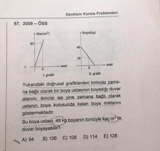 57. 2009 - ÖSS
80
Alan(m²)
3
I. grafik
Denklem Kurma Problemleri
saat
48
18
Boya(kg)
3
II. grafik
saat
Yukarıdaki doğrusal grafiklerden birincisi zama-
na bağlı olarak bir boya ustasının boyadığı duvar
alanını, ikincisi ise yine zamana bağlı olarak
ustanın