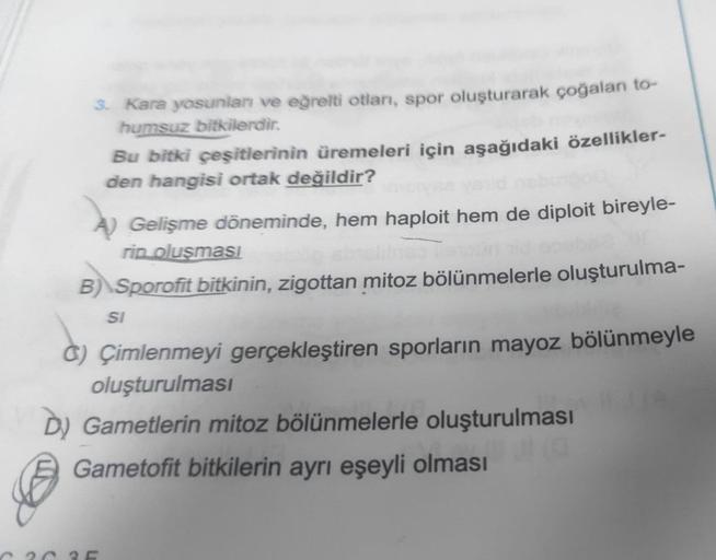 3. Kara yosunlan ve eğrelti otları, spor oluşturarak çoğalan to-
humsuz bitkilerdir.
Bu bitki çeşitlerinin üremeleri için aşağıdaki özellikler-
den hangisi ortak değildir?
Gelişme döneminde, hem haploit hem de diploit bireyle-
rin oluşması
B) Sporofit bitk