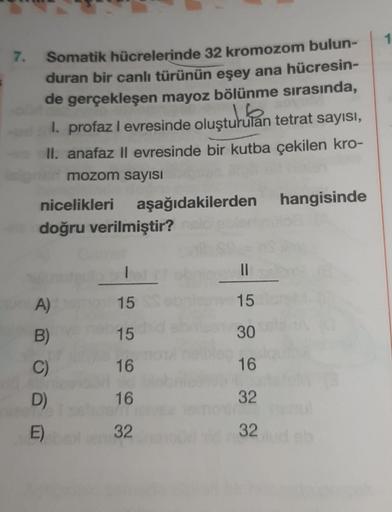 7.
Somatik hücrelerinde 32 kromozom bulun-
duran bir canlı türünün eşey ana hücresin-
de gerçekleşen mayoz bölünme sırasında,
1. profaz I evresinde oluşturulan tetrat sayısı,
II. anafaz II evresinde bir kutba çekilen kro-
mozom sayısı
nicelikleri aşağıdaki