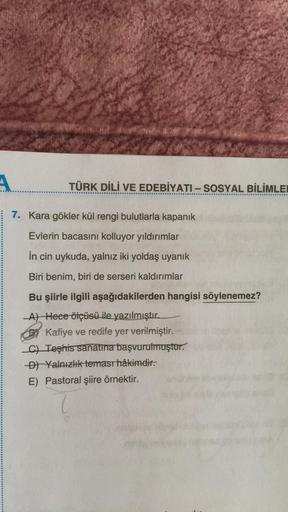 TÜRK DİLİ VE EDEBİYATI - SOSYAL BİLİMLER
7. Kara gökler kül rengi bulutlarla kapanık
Evlerin bacasını kolluyor yıldırımlar
in cin uykuda, yalnız iki yoldaş uyanık
Biri benim, biri de serseri kaldırımlar
Bu şiirle ilgili aşağıdakilerden hangisi söylenemez?
