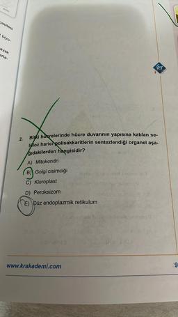 2050
pasitesi
biyo-
ayak
arta-
Bitki hücrelerinde hücre duvarının yapısına katılan se-
lifloz harici polisakkaritlerin sentezlendiği organel aşa-
ğıdakilerden hangisidir?
A) Mitokondri
B) Golgi cisimciği
C) Kloroplast
D) Peroksizom
E) Düz endoplazmik retikulum
2.
www.krakademi.com
kr
pom, he io quuead piebre ly
hiljen forte the shringM
9