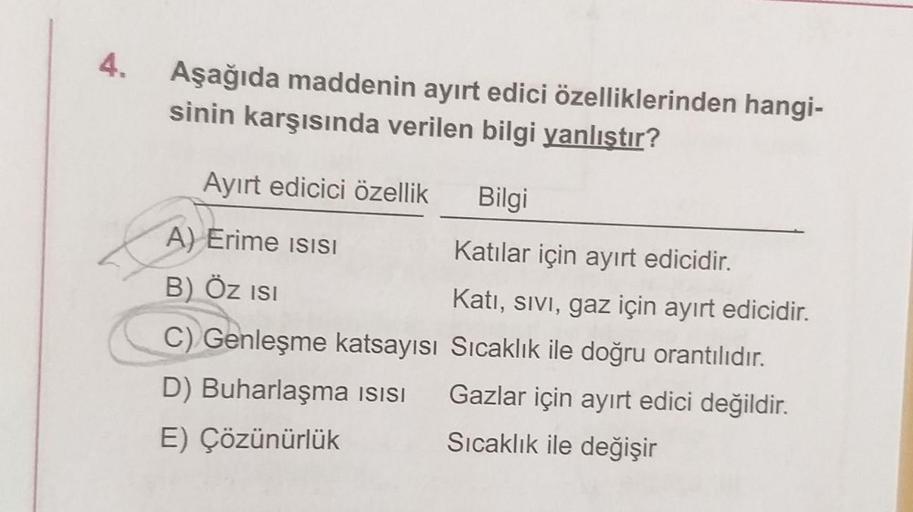 4.
Aşağıda maddenin ayırt edici özelliklerinden hangi-
sinin karşısında verilen bilgi yanlıştır?
Ayırt edicici özellik Bilgi
A) Erime ISISI
Katılar için ayırt edicidir.
B) ÖZ ISI
Katı, sıvı, gaz için ayırt edicidir.
C) Genleşme katsayısı Sıcaklık ile doğru