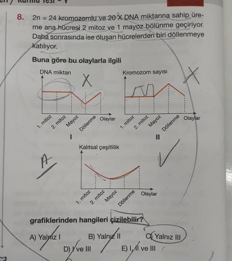 8.
2n
= 24 kromozomlu ve 20 X DNA miktarına sahip üre-
me ana hücresi 2 mitoz ve 1 mayoz bölünme geçiriyor.
Daha sonrasında ise oluşan hücrelerden biri döllenmeye
katılıyor.
Buna göre bu olaylarla ilgili
DNA miktarı
X
1. mitoz
2. mitoz
Mayoz
A
Döllenme
gra