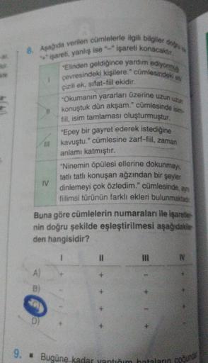 kde
işareti konacaktır.
8. Aşağıda verilen cümlelerle ilgili bilgiler dogs
"Elinden geldiğince yardım ediyormuş
pevresindeki kişilere." cümlesindeki s
işareti, yanlış ise **
çizili ek, sifat-fill ekidir.
"Okumanın yararları üzerine uzun uzu
konuştuk dün ak