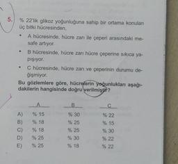 5.
% 22'lik glikoz yoğunluğuna sahip bir ortama konulan
üç bitki hücresinden,
A hücresinde, hücre zarı ile çeperi arasındaki me-
safe artıyor.
B hücresinde, hücre zarı hücre çeperine sıkıca ya-
pişiyor.
C hücresinde, hücre zarı ve çeperinin durumu de-
ğişmiyor.
Bu gözlemlere göre, hücrelerin yoğunlukları aşağı-
dakilerin hangisinde doğru verilmiştir?
A)
B)
C)
D)
E)
A
% 15
% 18
% 18
% 25
% 25
B
% 30
% 25
% 25
% 30
% 18
C
% 22
% 15
% 30
% 22
% 22