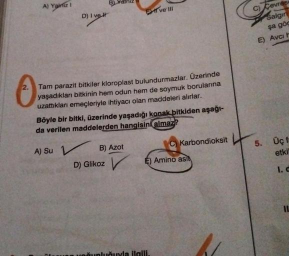 A) Yalniz I
D) I vel
B
ve III
Tam parazit bitkiler kloroplast bulundurmazlar. Üzerinde
yaşadıkları bitkinin hem odun hem de soymuk borularına
uzattıkları emeçleriyle ihtiyacı olan maddeleri alırlar.
Böyle bir bitki, üzerinde yaşadığı konak bitkiden aşağı-
