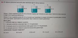 14. Bir öğrenci çözünme hızına etki eden faktörlerle ilgili iki deney tasarlıyor.
I.
II.
Su
50 ml
Su
Buna göre;
I - I. deneyde bağımsız değişken sıcaklıktır.
50 ml
III.
Su
Deney I: Farklı sıcaklıkta içinde 50 ml su bulunan kaplara eşit miktarda toz şeker atıyor. Çözünme hızları arasında-
ki ilişki I>II>III şeklinde belirleniyor.
C) III ve IV
Deney II: Aynı sıcaklıkta içinde 50 ml su bulunan aynı sıcaklıktaki üç kaptan birincisine 5 g pudra şekeri, ikincisi-
ne 5 g toz şeker, üçüncüsüne 5 g küp şeker atıyor. Çözünme hızlarını gözlemliyor.
II - I. deneyde sıcaklıklar arasındaki ilişki I>II>III şeklindedir.
III - II. deneyde çözünme tamamlanana kadar geçen süre I>II>III şeklindedir.
IV - II. deneyde çözünen miktarının çözünme hızına etkisi gözlenmiştir.
verilenlerden hangileri doğrudur?
A) I ve II
B) II ve III
50 ml
D) I, II ve IV
E) I, II, III ve IV