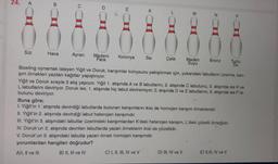 24.
A
Süt
B
Hava
O
Ayran Madeni
Para
E
Kolonya
K
Sis
C) I, II, III, IV ve V
Çelik
M
Maden
Suyu
D) III, IV ve V
Z
Bronz
Buna göre;
I. Yiğit'in 1. atışında devirdiği labutlarda bulunan karışımların ikisi de homojen karışım örnekleridir.
II. Yiğit'in 2. atışında devirdiği labut heterojen karışımdır.
III. Yiğit'in 3. atışındaki labutlar üzerindeki karışımlardan K'deki heterojen karışım, L'deki çözelti örneğidir.
IV. Doruk'un 2. atışında devrilen labutlarda yazan örneklerin ikisi de çözeltidir.
V. Doruk'un 3. atışındaki labutta yazan örnek homojen karışımdır.
yorumlardan hangileri doğrudur?
A)I, II ve III
B) II, III ve IV
Bowling oynamak isteyen Yiğit ve Doruk, karışımlar konusunu pekiştirmek için, yukarıdaki labutların üzerine, karı-
şım örnekleri yazılan kağıtlar yapıştırıyor.
Yiğit ve Doruk sırayla 3 atış yapıyor. Yiğit 1. atışında A ve B labutlarını, 2. atışında C labutunu, 3. atışında ise K ve
L labutlarını deviriyor. Doruk ise, 1. atışında hiç labut deviremiyor, 2. atışında D ve E labutlarını, 3. atışında ise Pla-
butunu deviriyor.
P
E) II, III, IV ve V
Tuzlu
Su