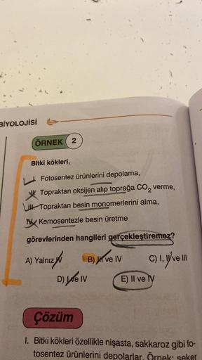 BİYOLOJİSİ
ÖRNEK 2
Bitki kökleri,
Fotosentez ürünlerini depolama,
Topraktan oksijen alıp toprağa CO₂ verme,
CARP
MONSTRERIN
Topraktan besin monomerlerini alma,
CATA
N Kemosentezle besin üretme
görevlerinden hangileri gerçekleştiremez?
A) Yalnız
B) ve IV
D)