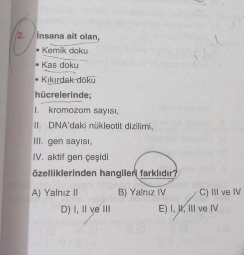 2.
insana ait olan,
Kemik doku
• Kas doku
Kıkırdak doku
hücrelerinde;
1. kromozom sayısı,
II. DNA'daki nükleotit dizilimi,
III. gen sayısı,
IV. aktif gen çeşidi
özelliklerinden hangileri farklıdır?
B) Yalnız IV
A) Yalnız II
D) I, II ve III
142
C) III ve IV