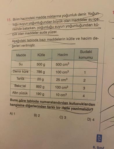 15. Birim hacimdeki madde miktarına yoğunluk denir. Yoğun-
luğu suyun yoğunluğundan büyük olan maddeler su içe-
risinde batarken, yoğunluğu suyun yoğunluğundan kü-
çük olan maddeler suda yüzer.
Aşağıdaki tabloda bazı maddelerin kütle ve hacim de-
ğerleri v