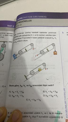 2
E) 4
TEST-3
emlerde ağırlıkları
mmiştir.
kilI ve Şekil II deki ik düzlemler üzerine hareketli makaralar yardımıyla
şekildeki gibi yerleştirilen K, L ve M cisimleri, belirtilen ipler-
la uygulanan F kuvvetleri h kadar çekilerek sırasıyla hk, hL
ve hm yoll