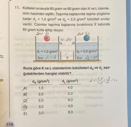 119
11. Kütleleri sırasıyla 60 gram ve 80 gram olan K ve L cisimle-
rinin hacimleri eşittir. Taşırma kaplarında taşma çizgisine
kadar d₁ = 1,0 g/cm³ ve d₂ = 2,0 g/cm³ özkütleli sıvılar
vardır. Cisimler taşırma kaplarına bırakılınca X kabında
60 gram kütle artışı oluyor.
Dovi 60
20v 80.
K
shox dax V2y uniticongola
Sito in
sd vidsonina
d₁ = 1,0 g/cm³
SIVI did
wie
AMETSI
6
X
d₂= 2,0 g/cm³
SIVI d₁2db
Buna göre K ve L cisimlerinin özkütleleri dk ve de aşa-
ğıdakilerden hangisi olabilir?x enine nüps001
dk (g/cm³)
d=69= 3:14
46
ed v2 30
A)
1,5
BIBLIA
B)
2,0
Suildevalna
es 2,0
DY 3,0
E)
3,0
d₁ (g/cm³)
4,0
2,0
8,0
4,0
8,0